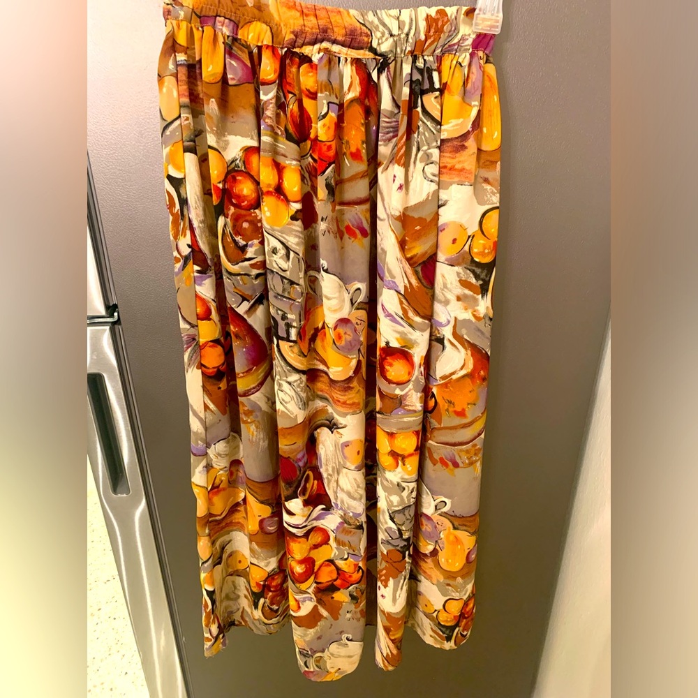 Ballinger Gold S Still Life Print Skirt Flowy Stretch Waist  Art To Wear Holiday